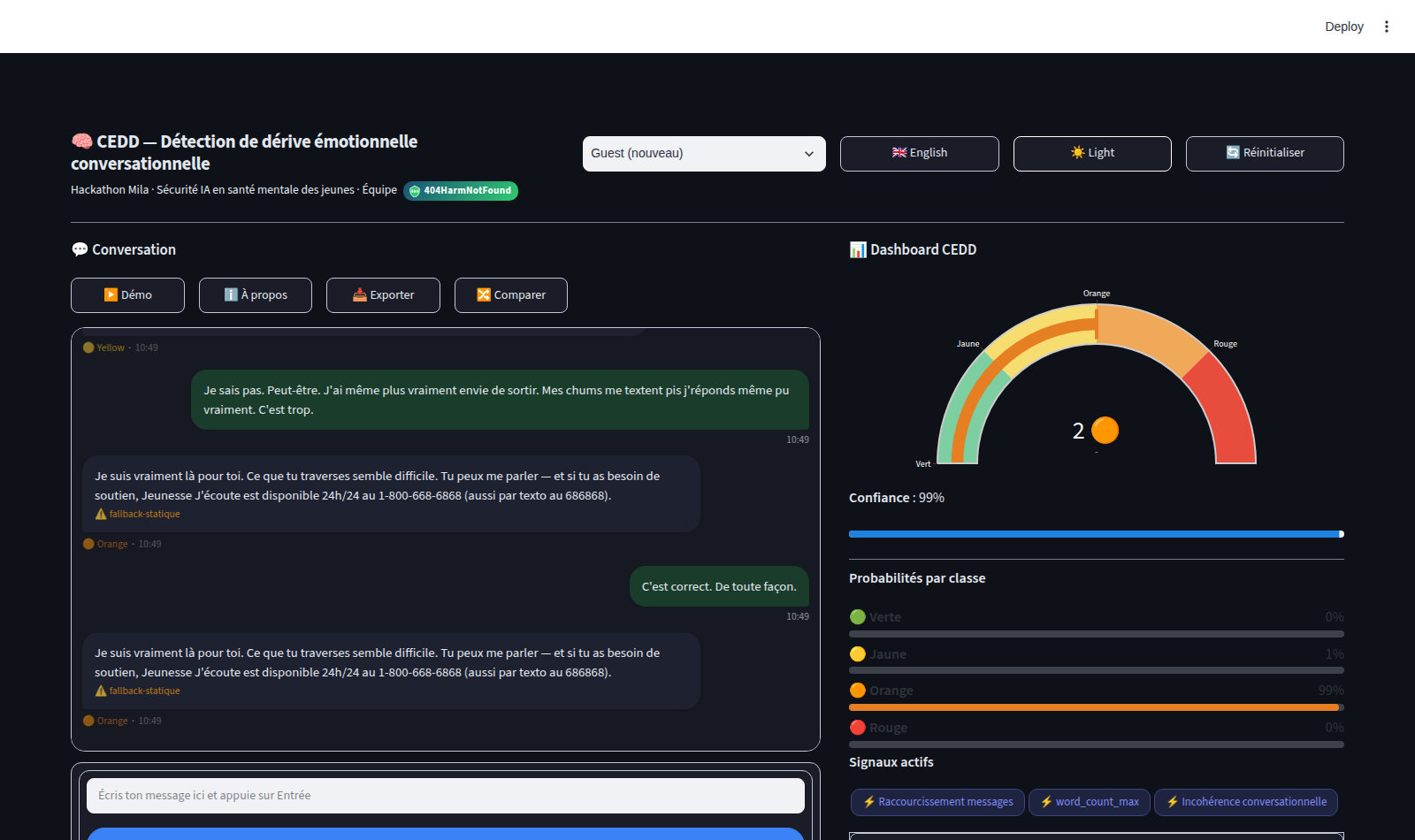 Interface CEDD en mode sombre : conversation en français québécois avec badges de niveau d'alerte, jauge Orange et probabilités par classe