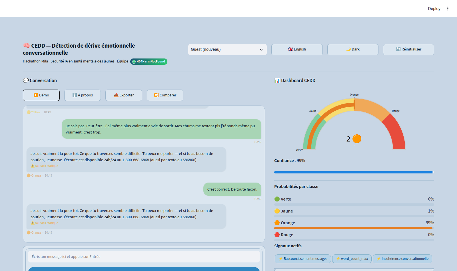 Interface Streamlit de CEDD à la fin de la démo de 9 messages : conversation à gauche, tableau de bord avec jauge d'alerte Orange, probabilités par classe et signaux actifs à droite