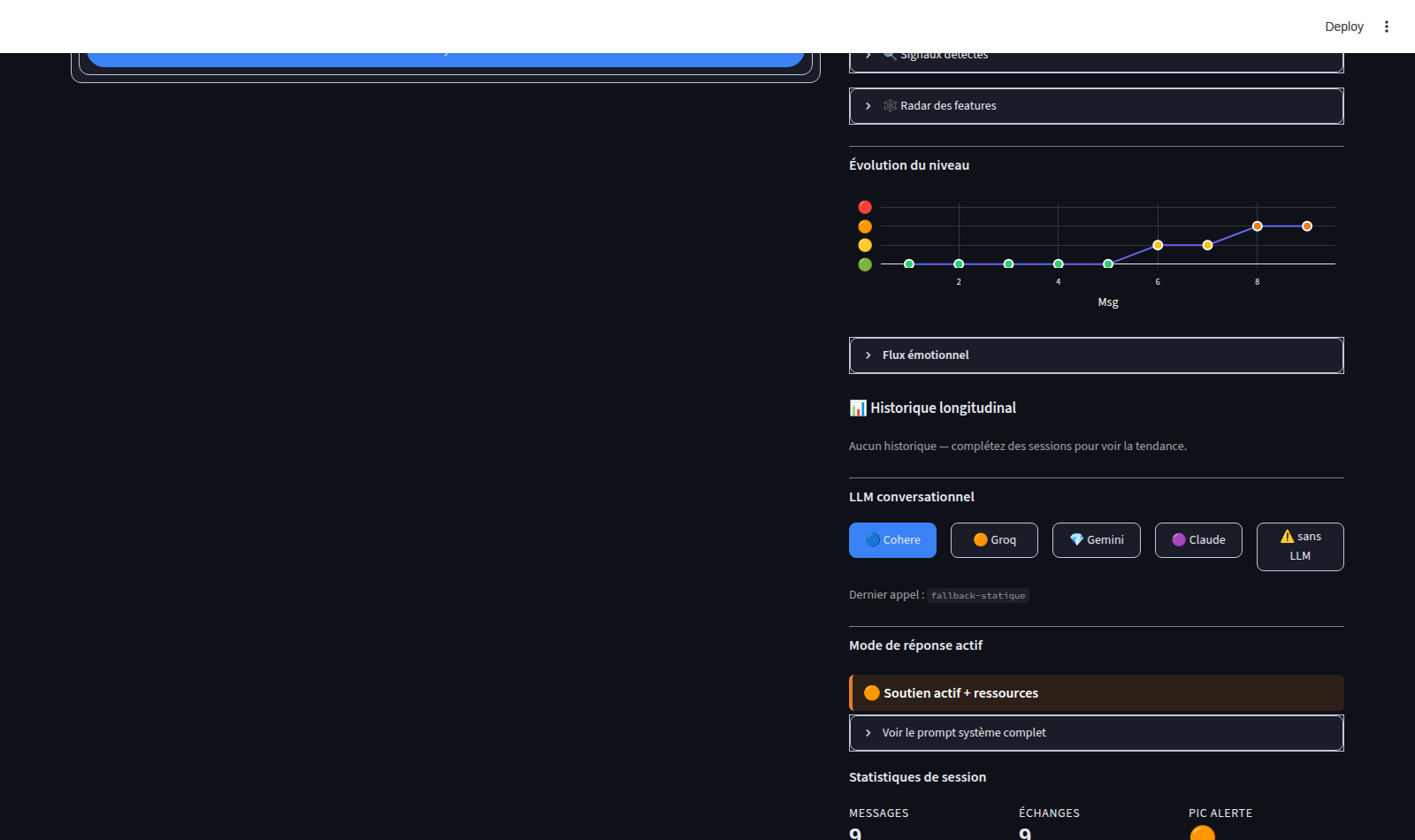 CEDD dashboard in dark mode: alert level evolution, LLM fallback chain selector and active response mode