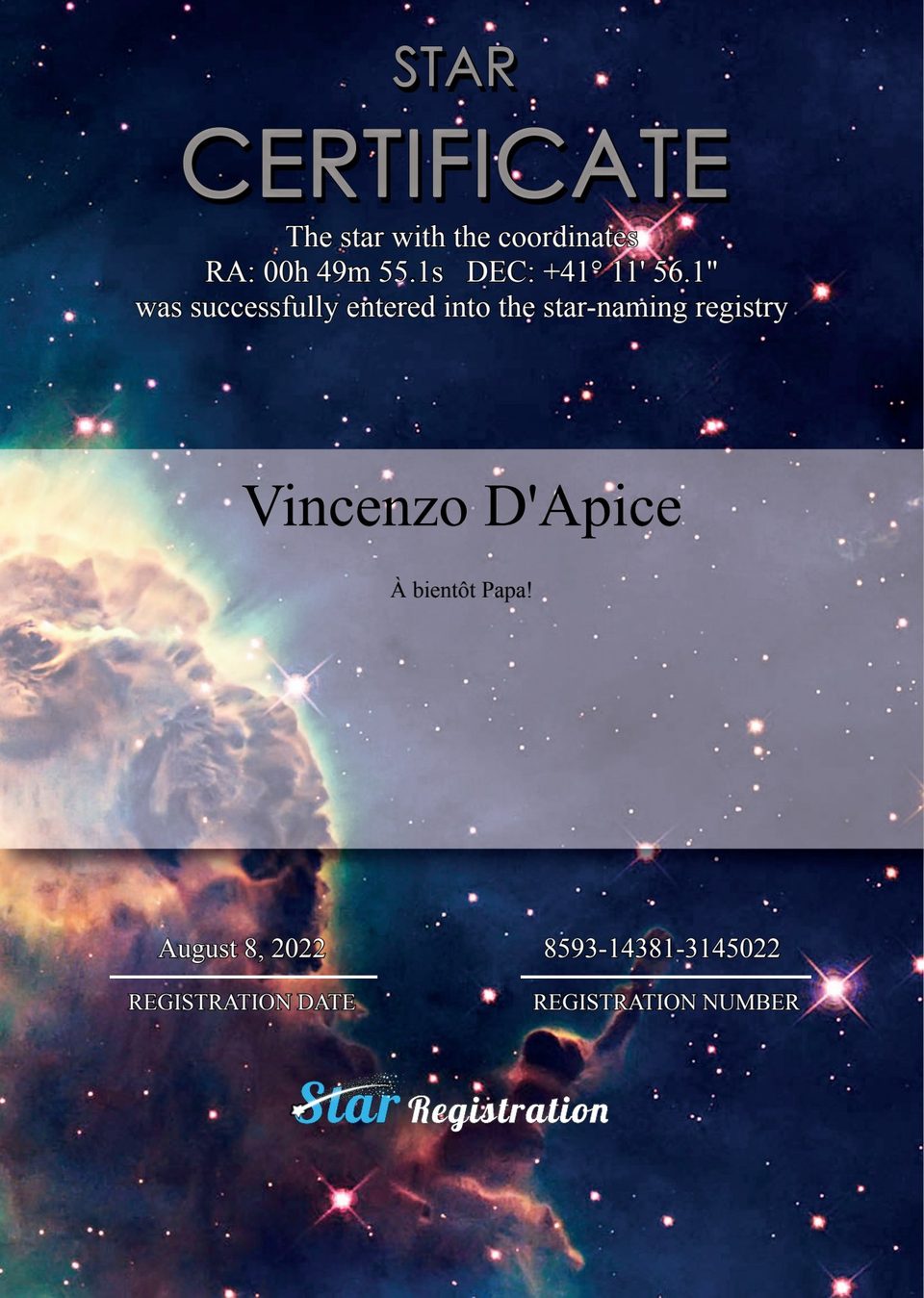 Star registration certificate for Vincenzo D'Apice - August 8, 2022