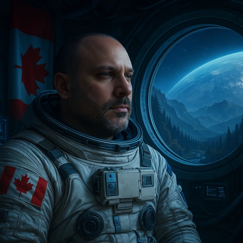 Dominic D'Apice in an astronaut suit, Earth visible through the porthole