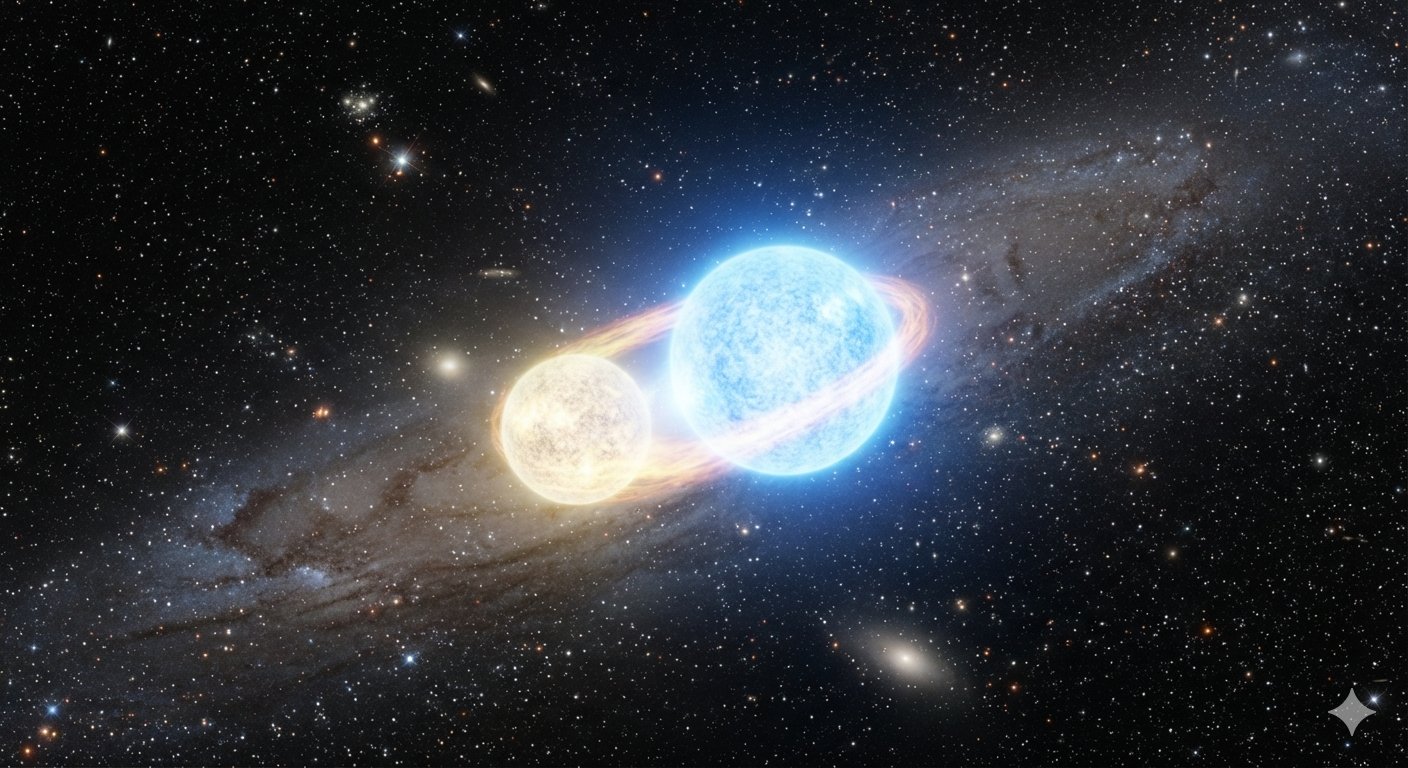 Artist's impression of a binary star system: two stars orbiting each other in front of the Andromeda galaxy